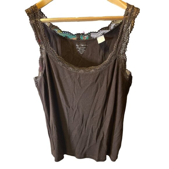 Chico's Brown Ribbed Lacy Detail Scoop Neck Pullover Tank Top Sz L - Picture 1 of 8